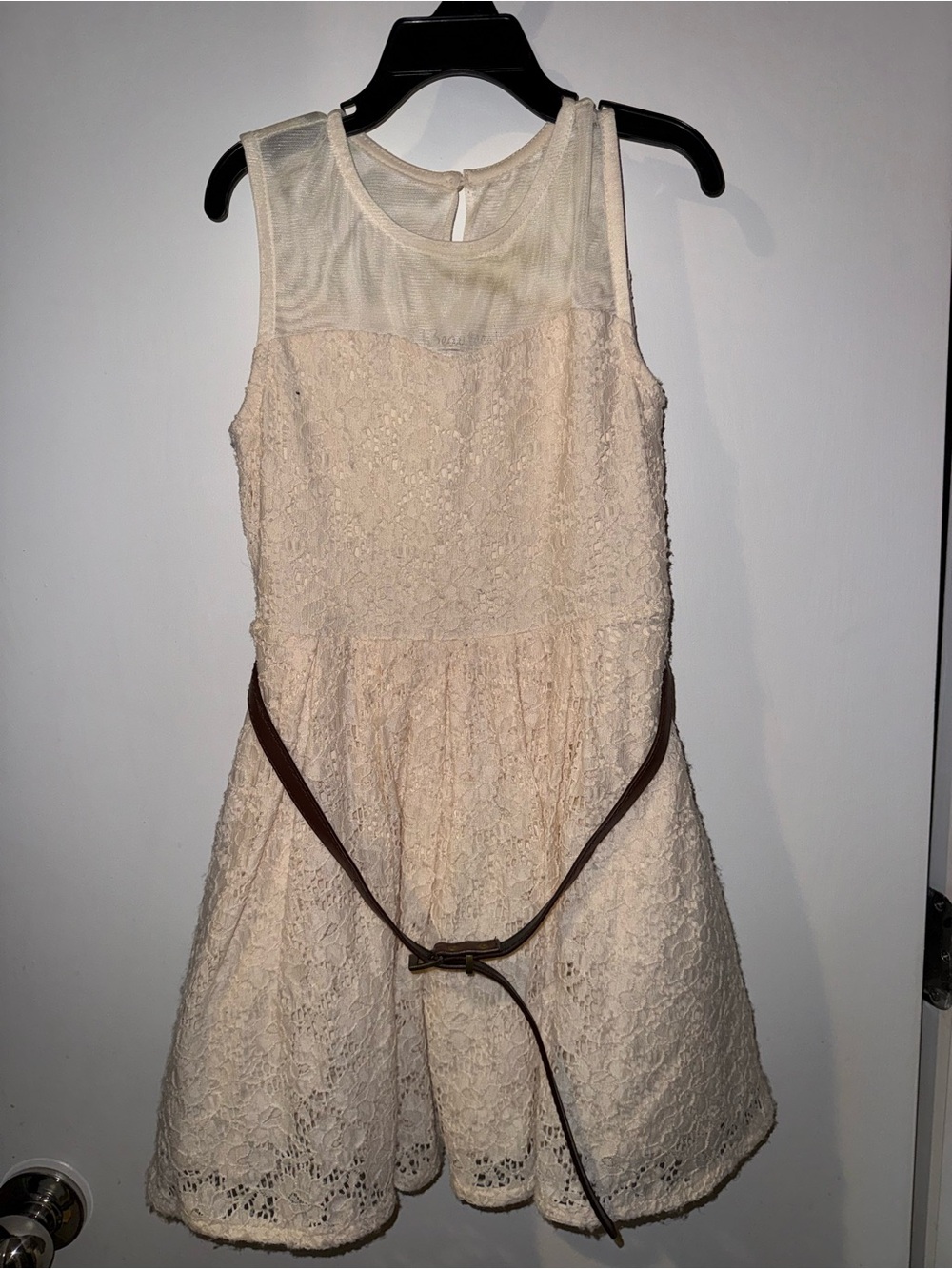 Beautees Cream Lace Dress with Brown Accent Belt